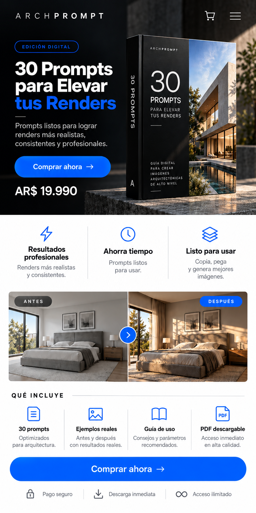Referencia premium de la landing ArchPrompt para 30 Prompts para Elevar tus Renders